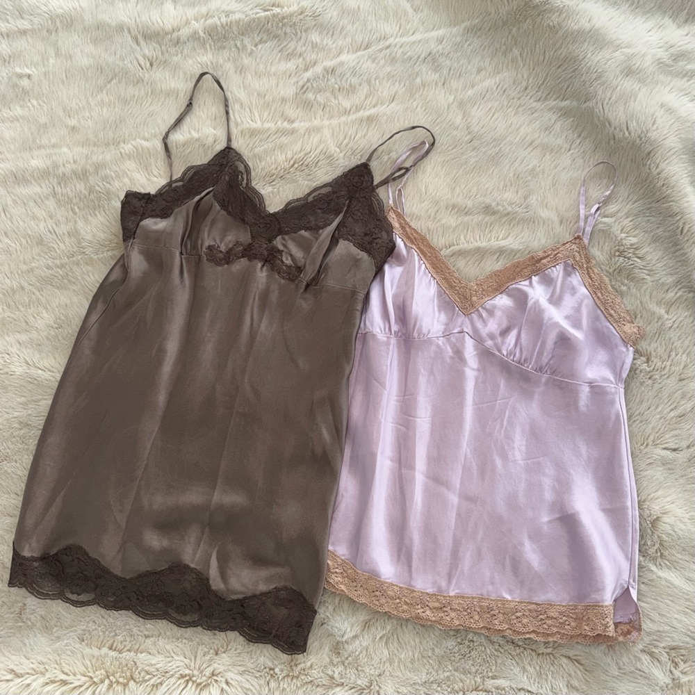 Satin Lace-Trim Chemise Duo - Brown & Light Pink